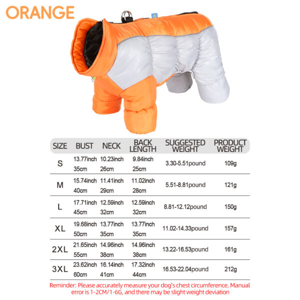 Waterproof reflective four-legged dog coat with thick insulation and warmth. Pet jacket with a leash hook