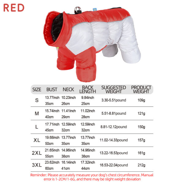 Waterproof reflective four-legged dog coat with thick insulation and warmth. Pet jacket with a leash hook