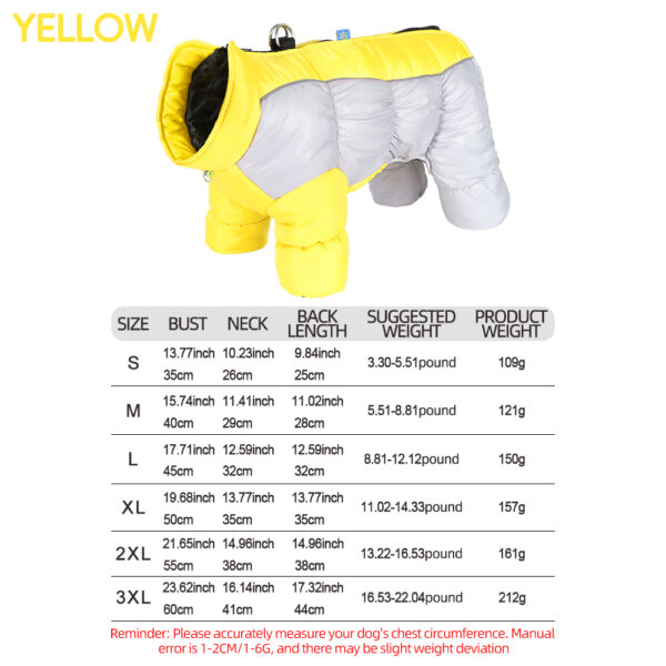 Waterproof reflective four-legged dog coat with thick insulation and warmth. Pet jacket with a leash hook